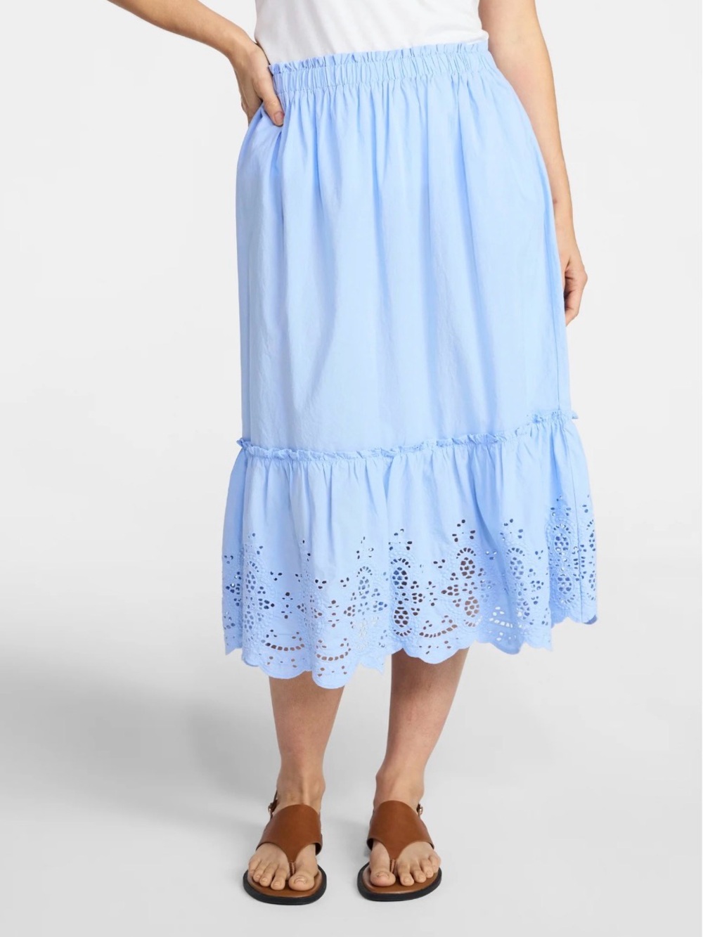 Time and Tru Women's XXL 20 Blue Cotton Eyelet Pull On A-Line Midi Skirt Pockets - Picture 9 of 16